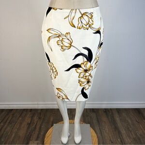White House Black Market Floral Midi Skirt - White and Gold 4